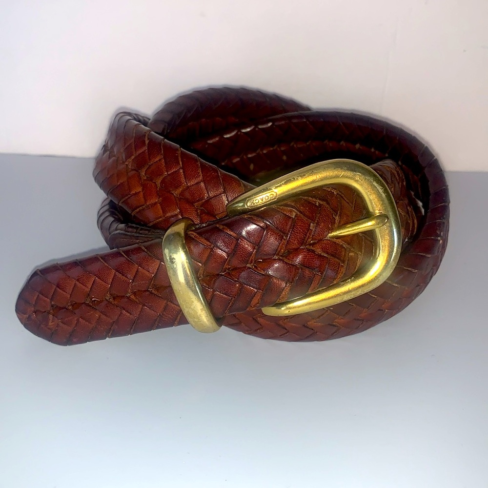 Vintage Coach Brown Braided Leather Belt with Brass Buckle Men's 44
